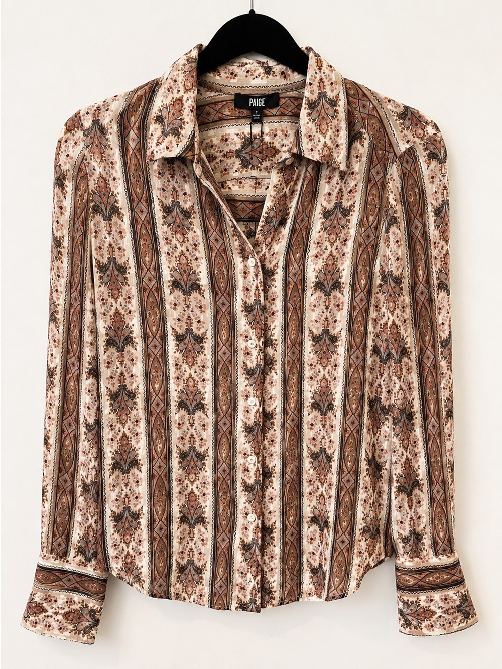 PAIGE Striped Paisley Button-Up Blouse — Cream & Brown